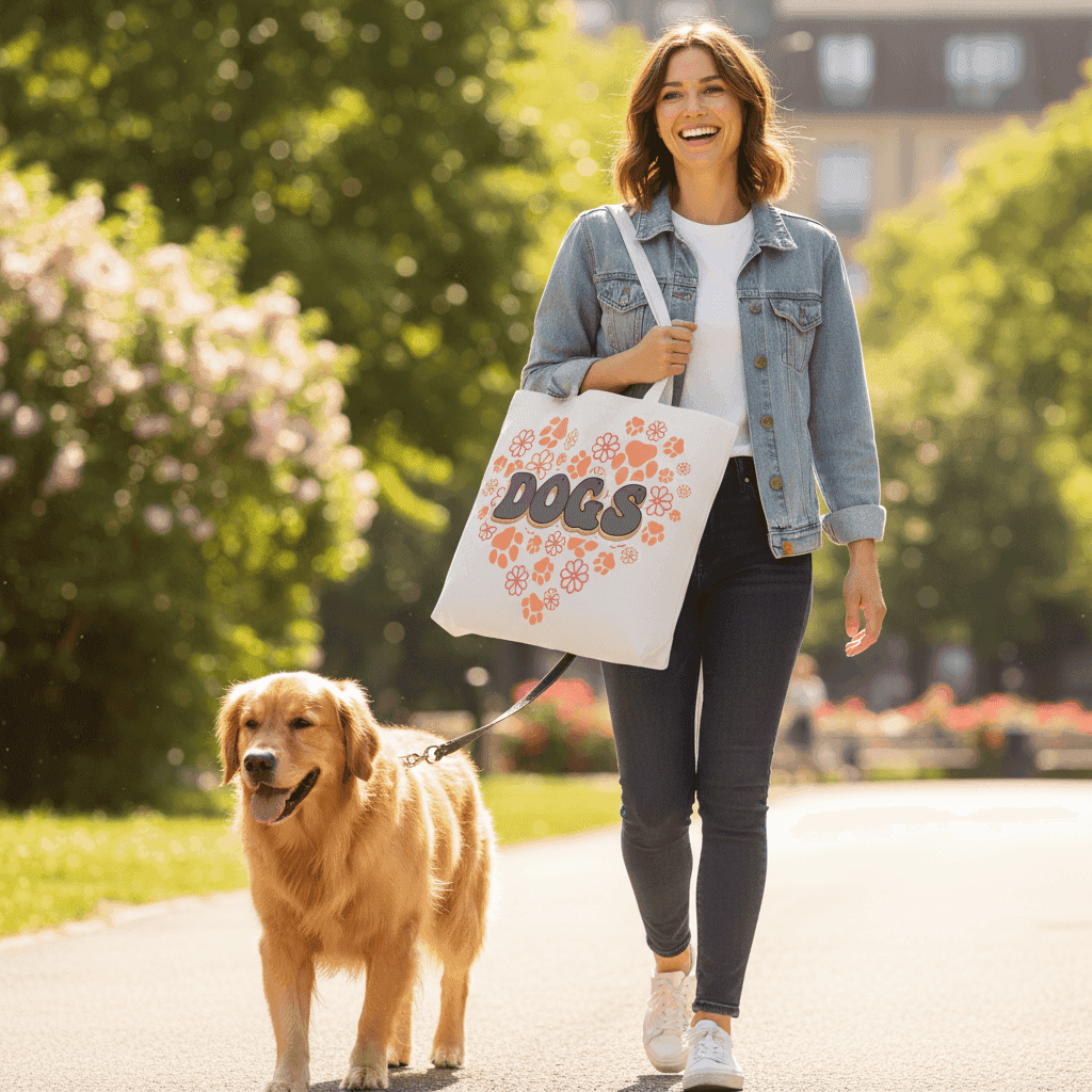 Dog Lover Tote Bag with Heart Paw Prints for Dog Moms