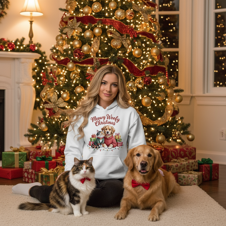 Meowy Woofy Christmas Hoodie - Cat & Dog Holiday Sweatshirt