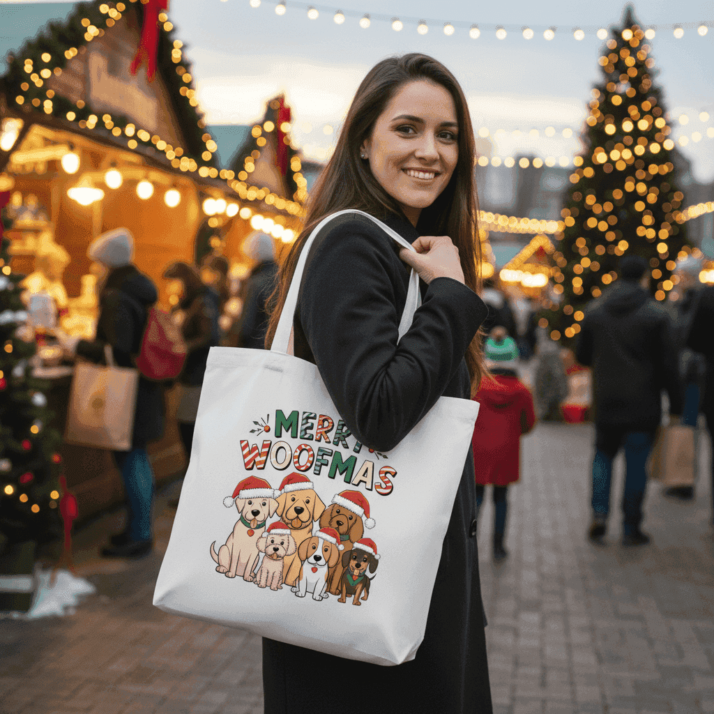 Merry Woofmas Holiday Tote with Festive Dogs - Canvas Gift Bag