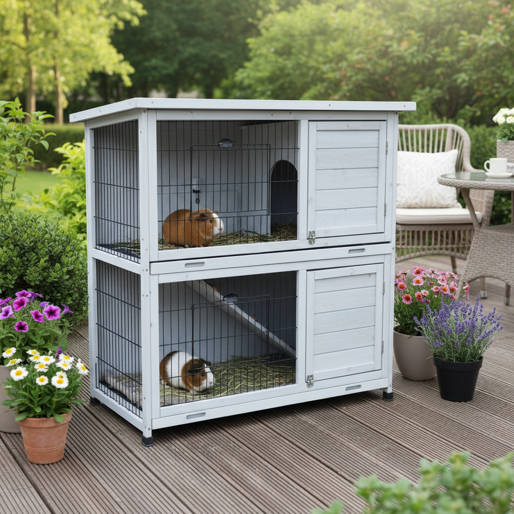 2-Story Rabbit Hutch - White with Removable Trays & Run
