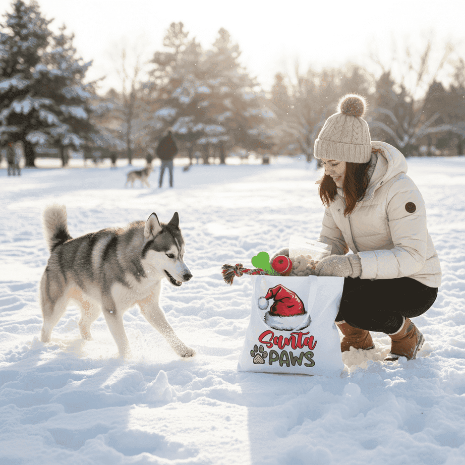 Santa Paws Holiday Tote with Santa Hat for Dog Lovers