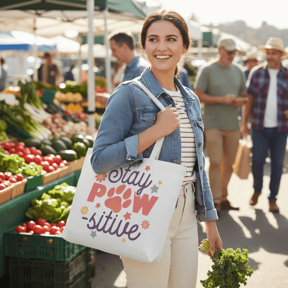 Stay Pawsitive Tote Bag with Paw Prints for Pet Lovers