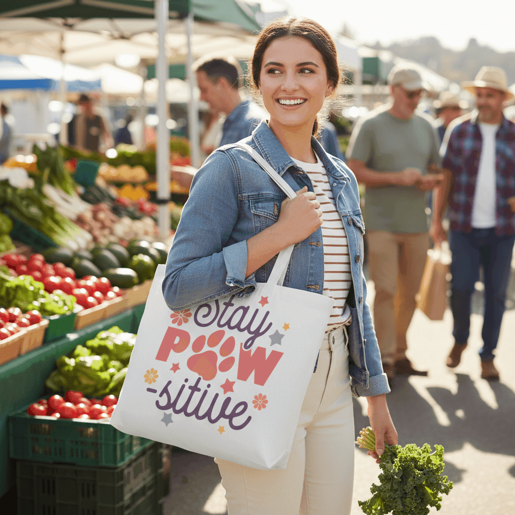 Stay Pawsitive Tote Bag with Paw Prints for Pet Lovers