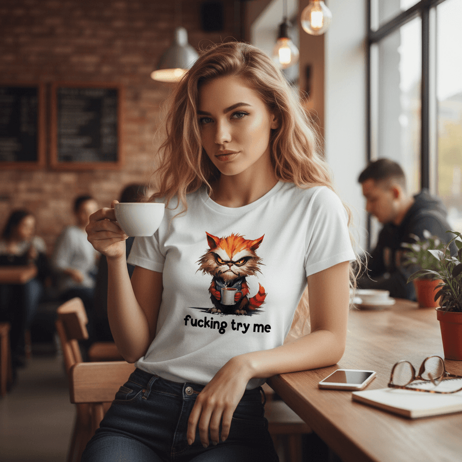 Try Me Cat Coffee Tee - Funny Sarcastic T-Shirt