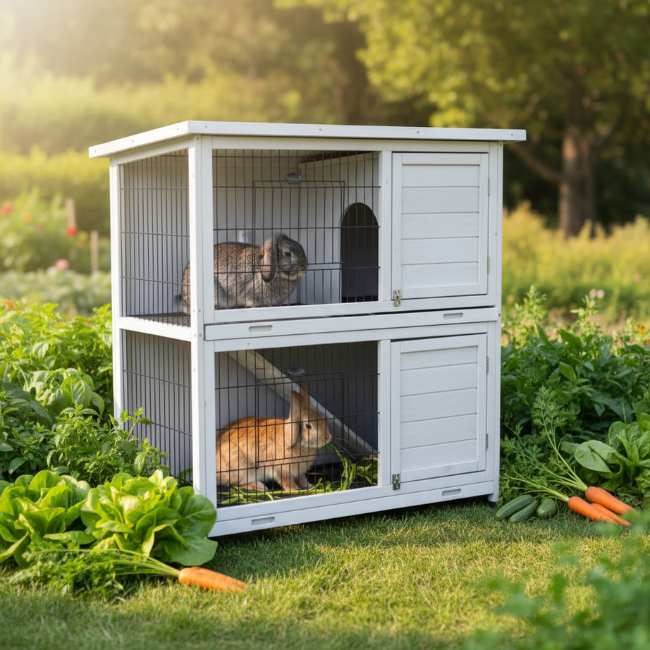 2-Story Rabbit Hutch - White with Removable Trays & Run