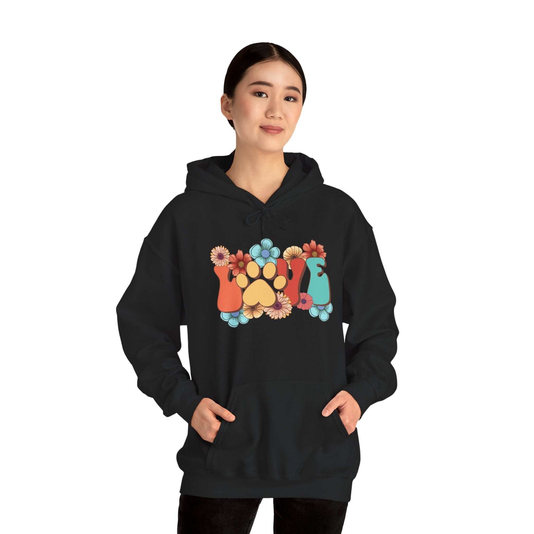 Colorful Floral Paw Print Hooded Sweatshirt - Animal Lover Hoodie