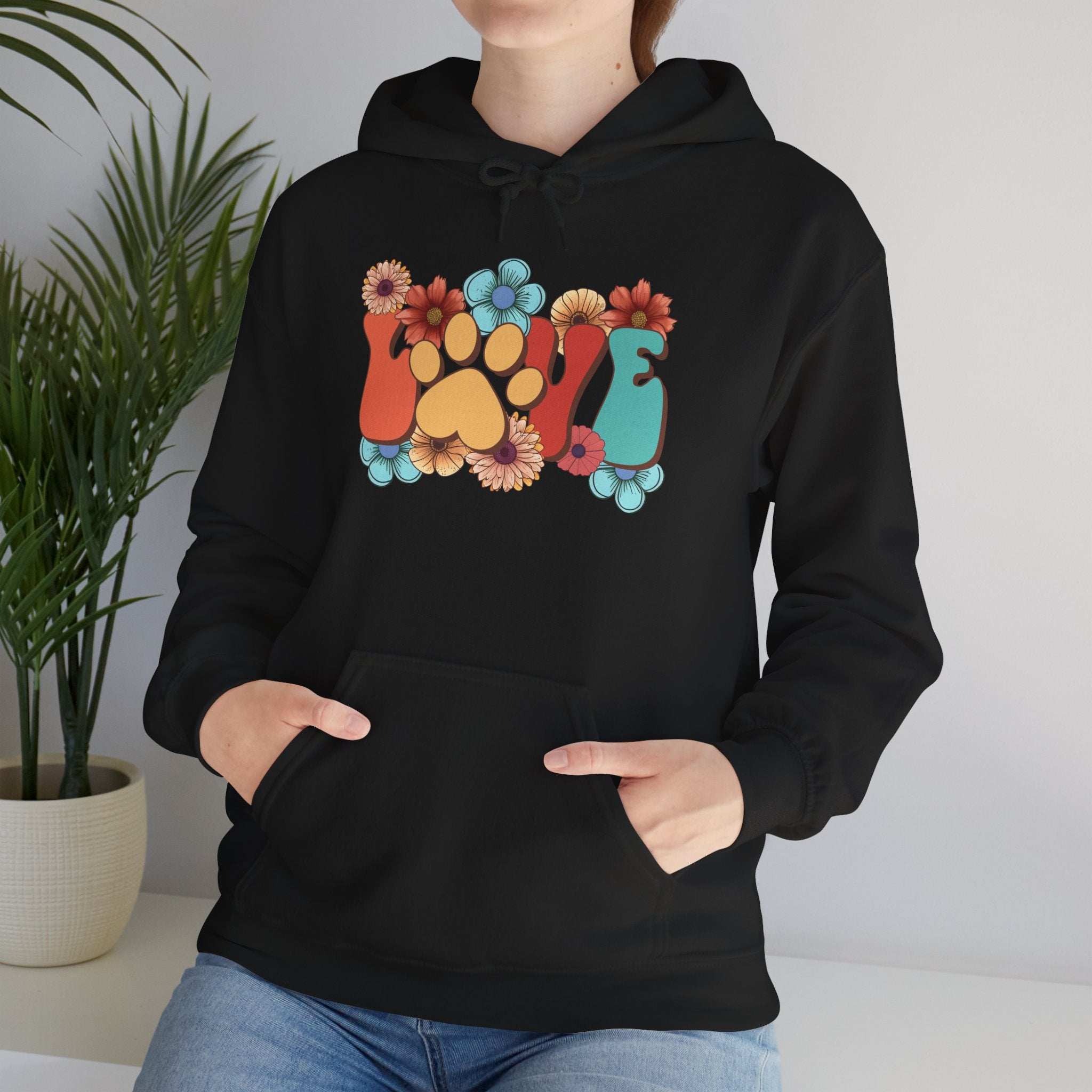 Colorful Floral Paw Print Hooded Sweatshirt - Animal Lover Hoodie