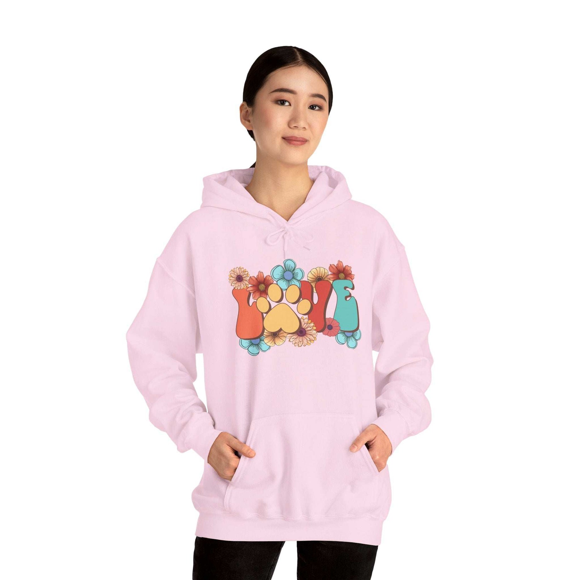 Colorful Floral Paw Print Hooded Sweatshirt - Animal Lover Hoodie