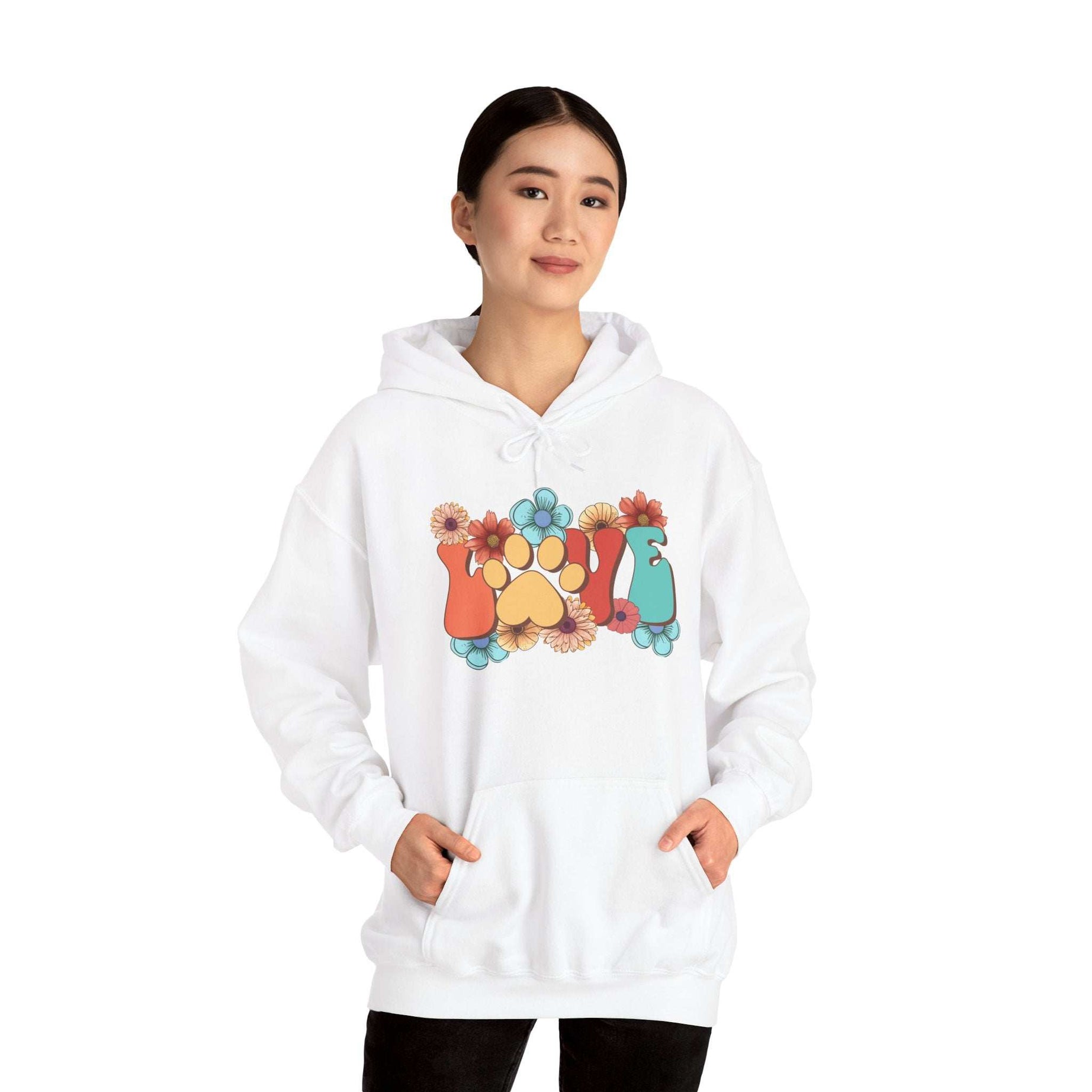 Colorful Floral Paw Print Hooded Sweatshirt - Animal Lover Hoodie