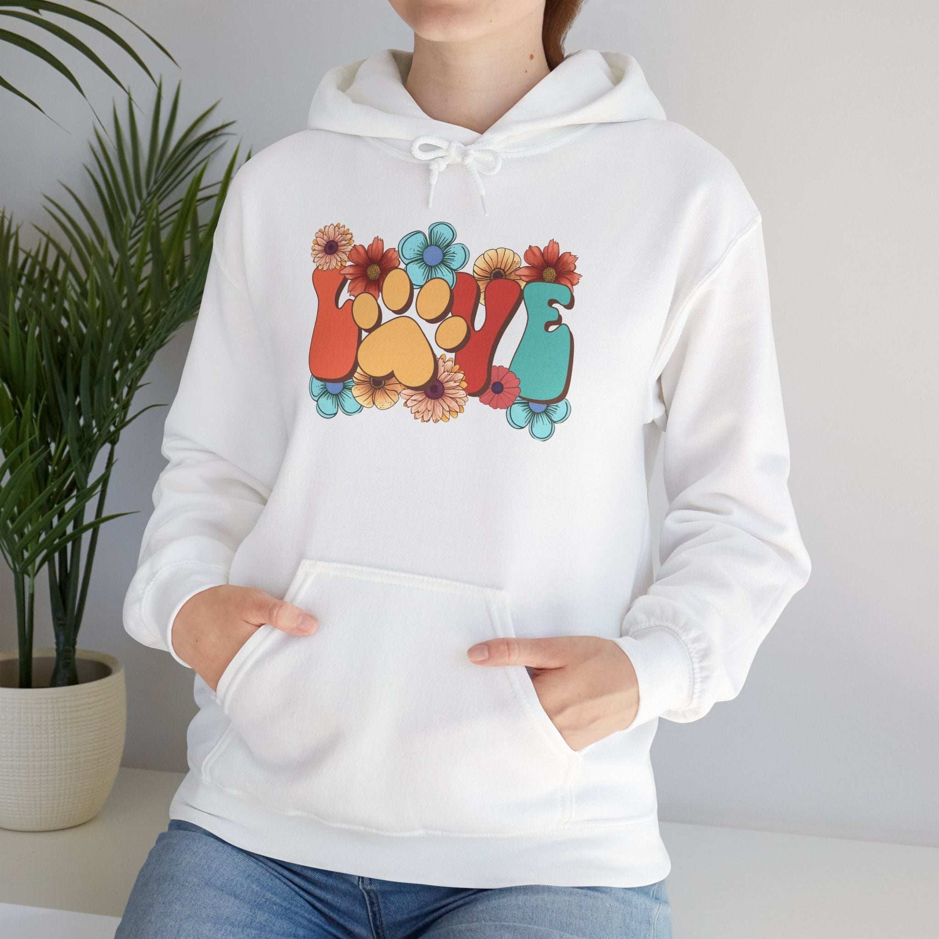 Colorful Floral Paw Print Hooded Sweatshirt - Animal Lover Hoodie