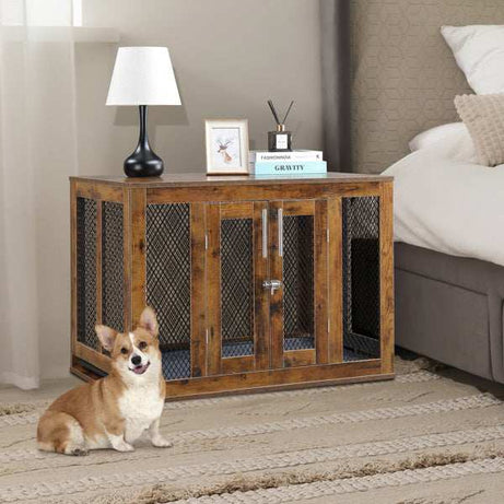 Wooden Indoor Dog Crate Furniture with Mesh Panels