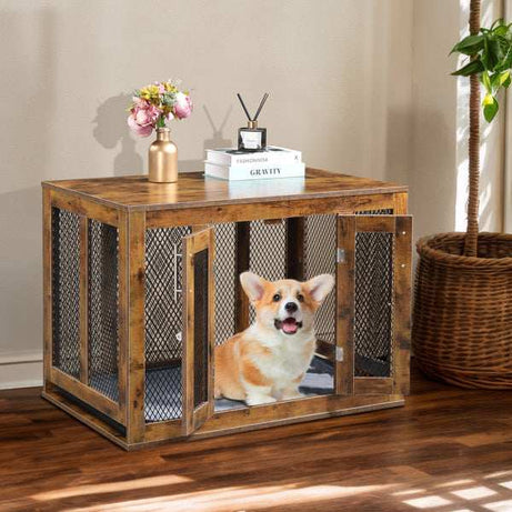 Wooden Indoor Dog Crate Furniture with Mesh Panels