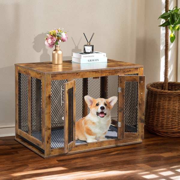 Wooden Indoor Dog Crate Furniture with Mesh Panels