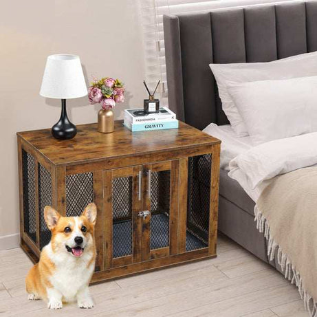 Wooden Indoor Dog Crate Furniture with Mesh Panels