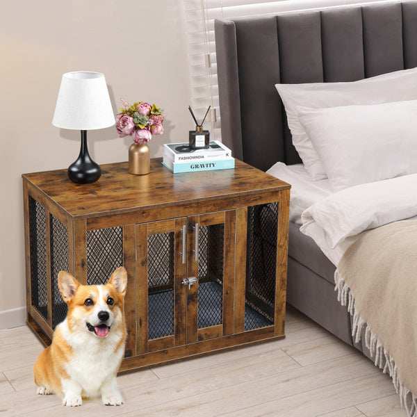 Wooden Indoor Dog Crate Furniture with Mesh Panels