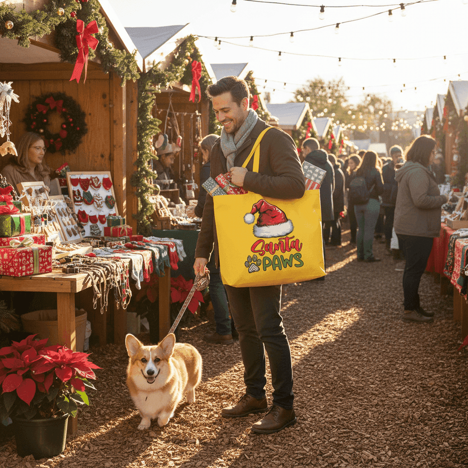 Santa Paws Holiday Tote with Santa Hat for Dog Lovers