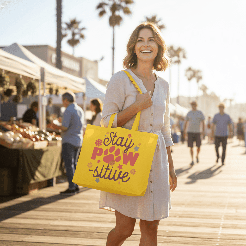 Stay Pawsitive Tote Bag with Paw Prints for Pet Lovers