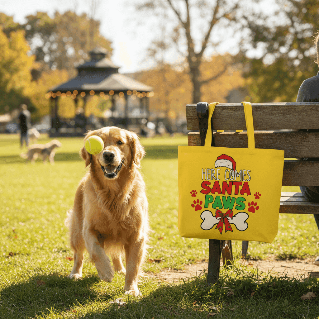 Santa Paws Holiday Tote with Festive Paw Prints for Dogs